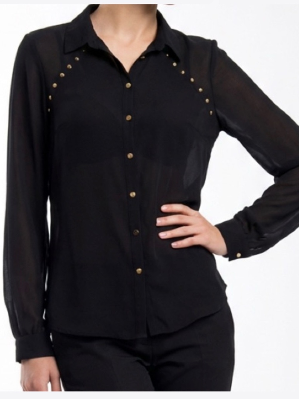 NWT Chloe K Sheer Black Studded Buttondown Blouse S